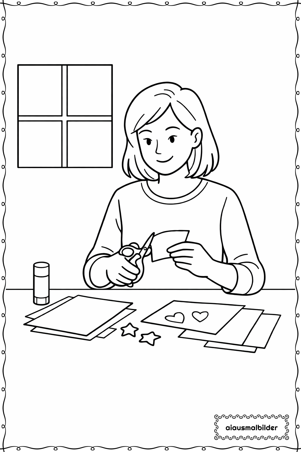  Erwachsene beim Basteln zuhause Ausmalseite 