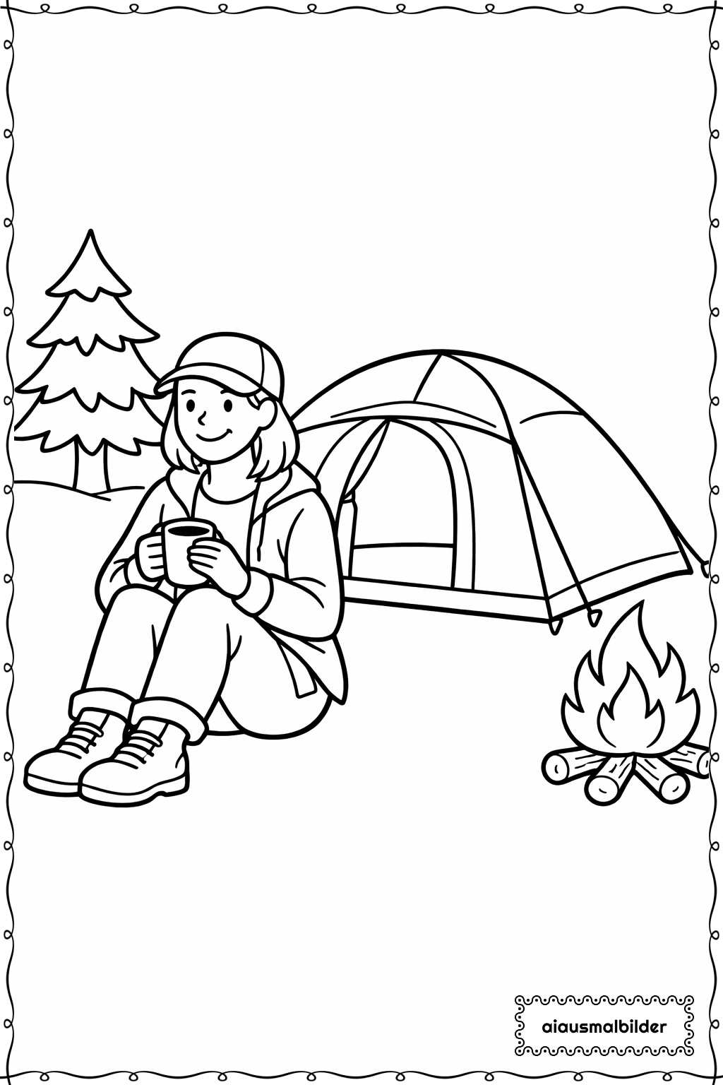 Erwachsene beim Camping mit Zelt Ausmalseite
