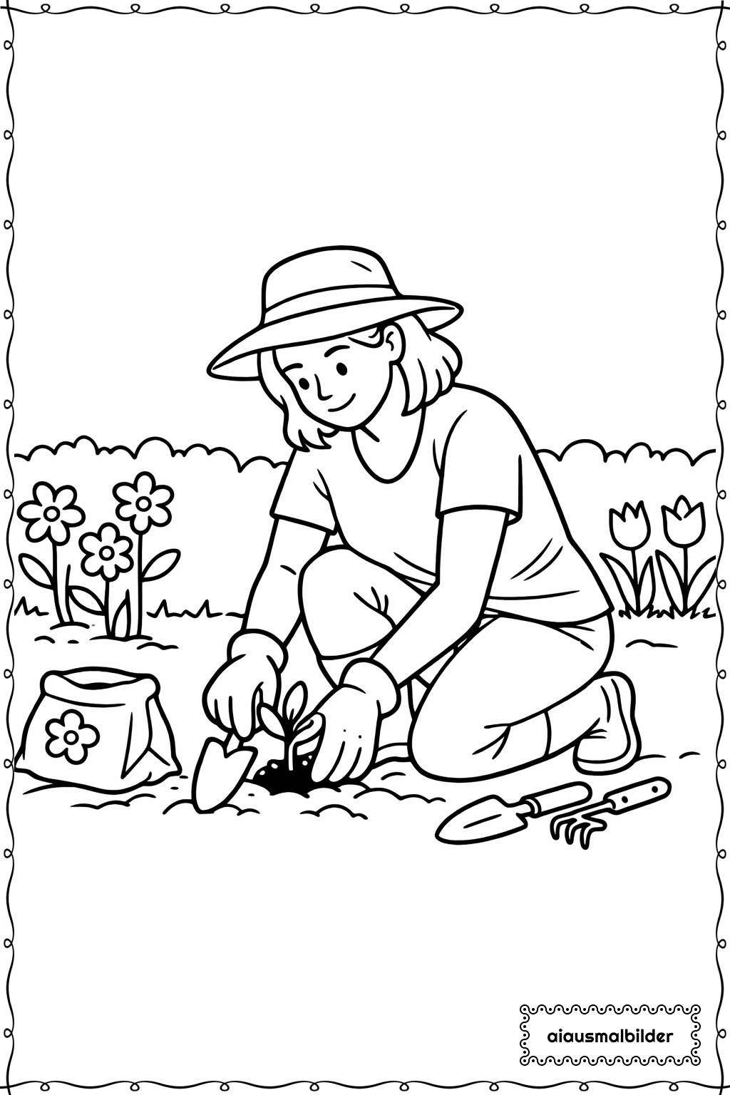 Erwachsene beim Gartenarbeiten Ausmalseite