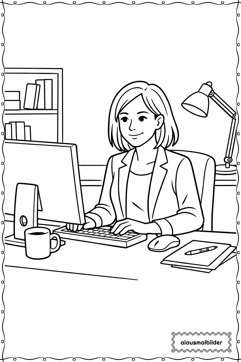  Erwachsene im Büro am Rechner Ausmalseite 