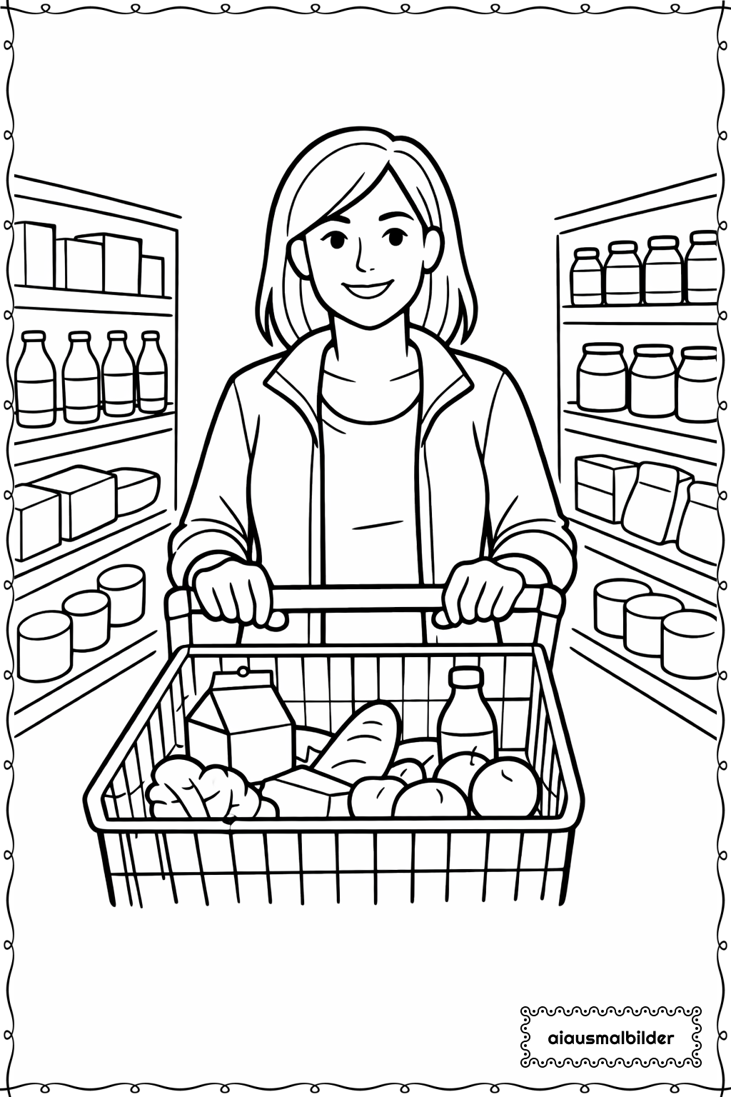  Erwachsene im Supermarkt einkaufend Ausmalseite 