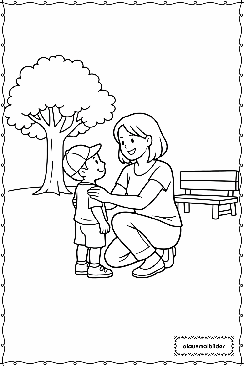 Erwachsene mit Kind im Park Ausmalseite