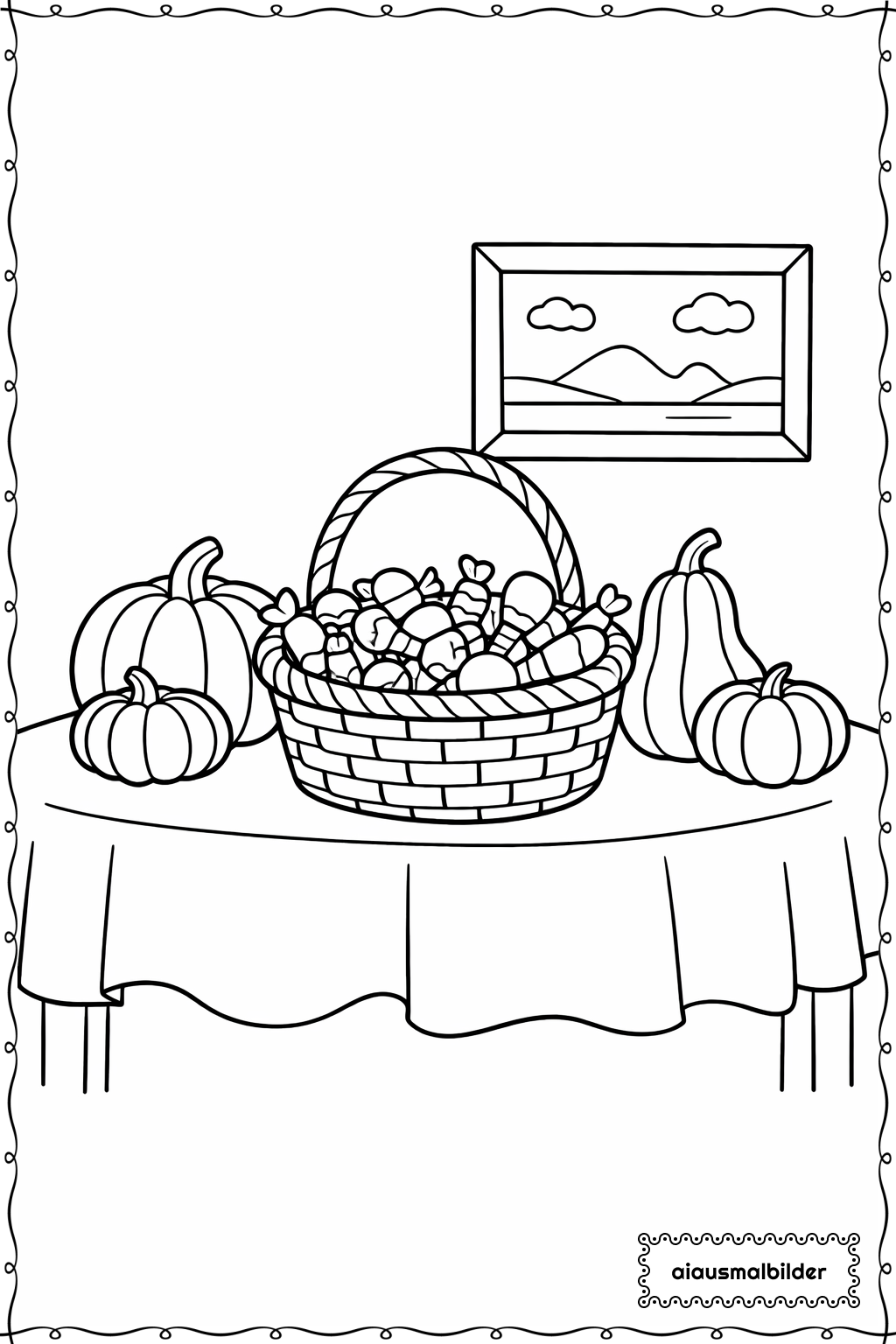  Halloween Bonbonkorb auf Tisch Ausmalseite 