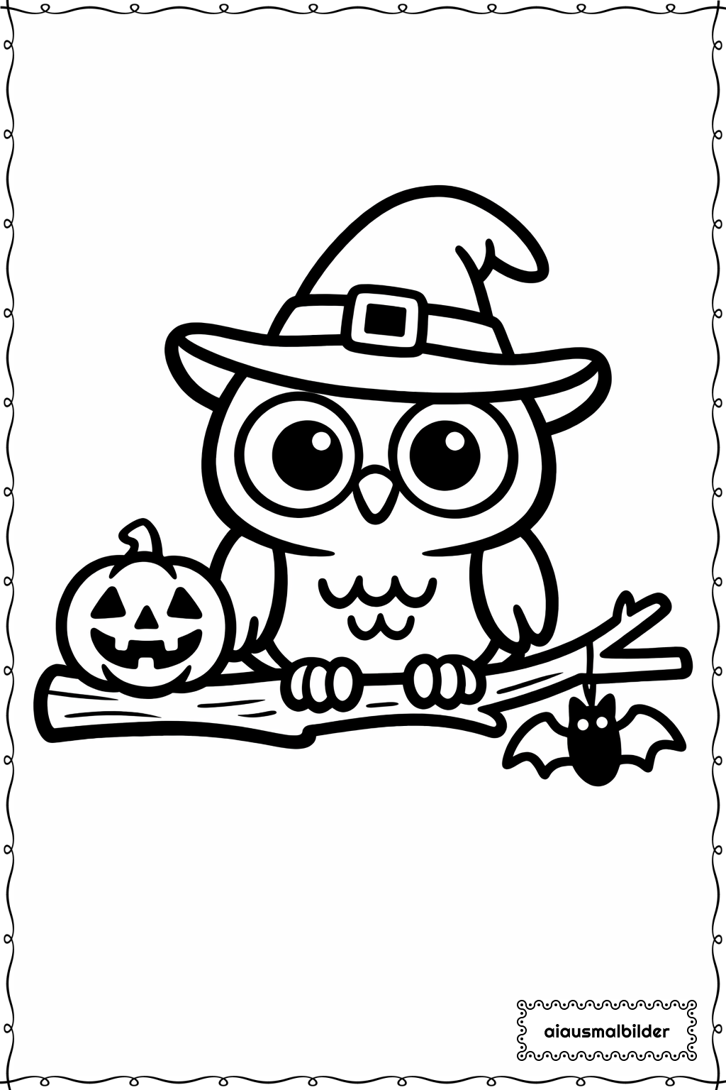  Halloween Eule auf Ast Ausmalseite 