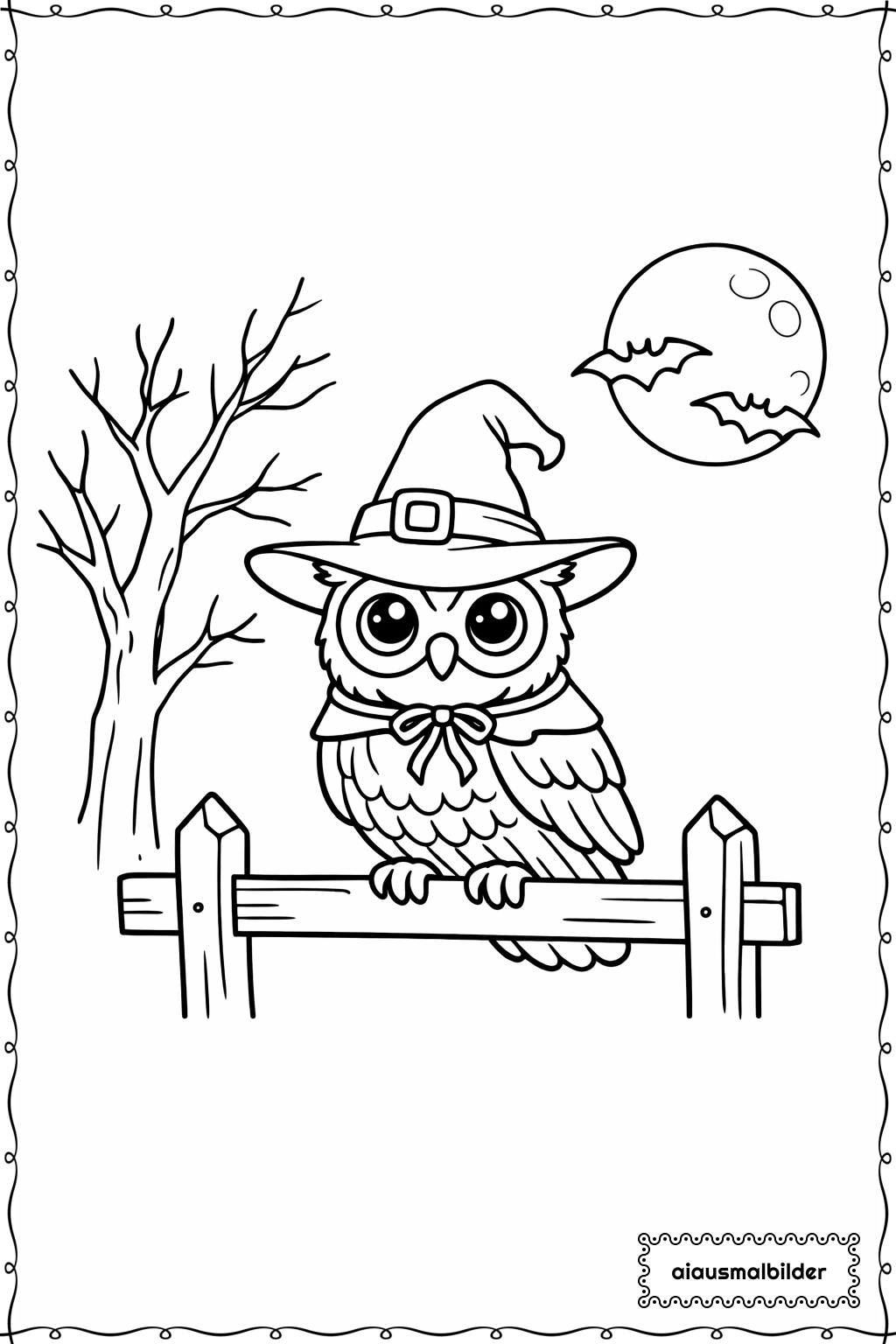  Halloween Eule auf Zaun Ausmalseite 