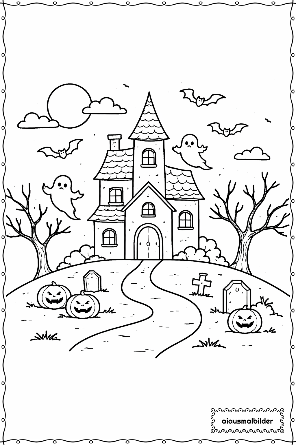  Halloween Geisterhaus mit Fenstern Ausmalseite 