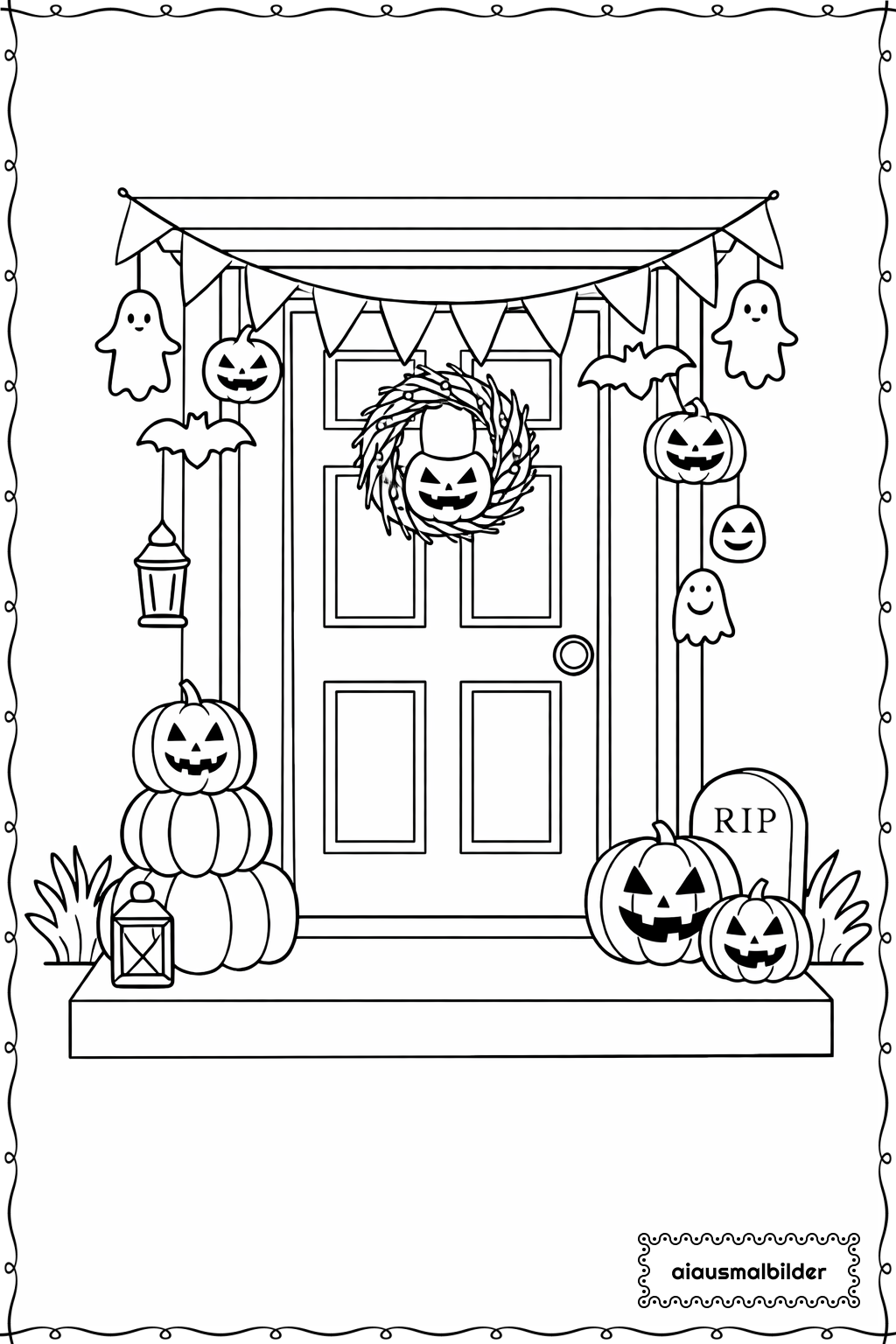  Halloween Haustür mit Dekoration Ausmalseite 