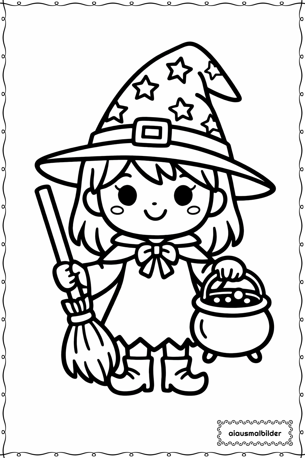  Halloween Hexe mit Sternenhut Ausmalseite 