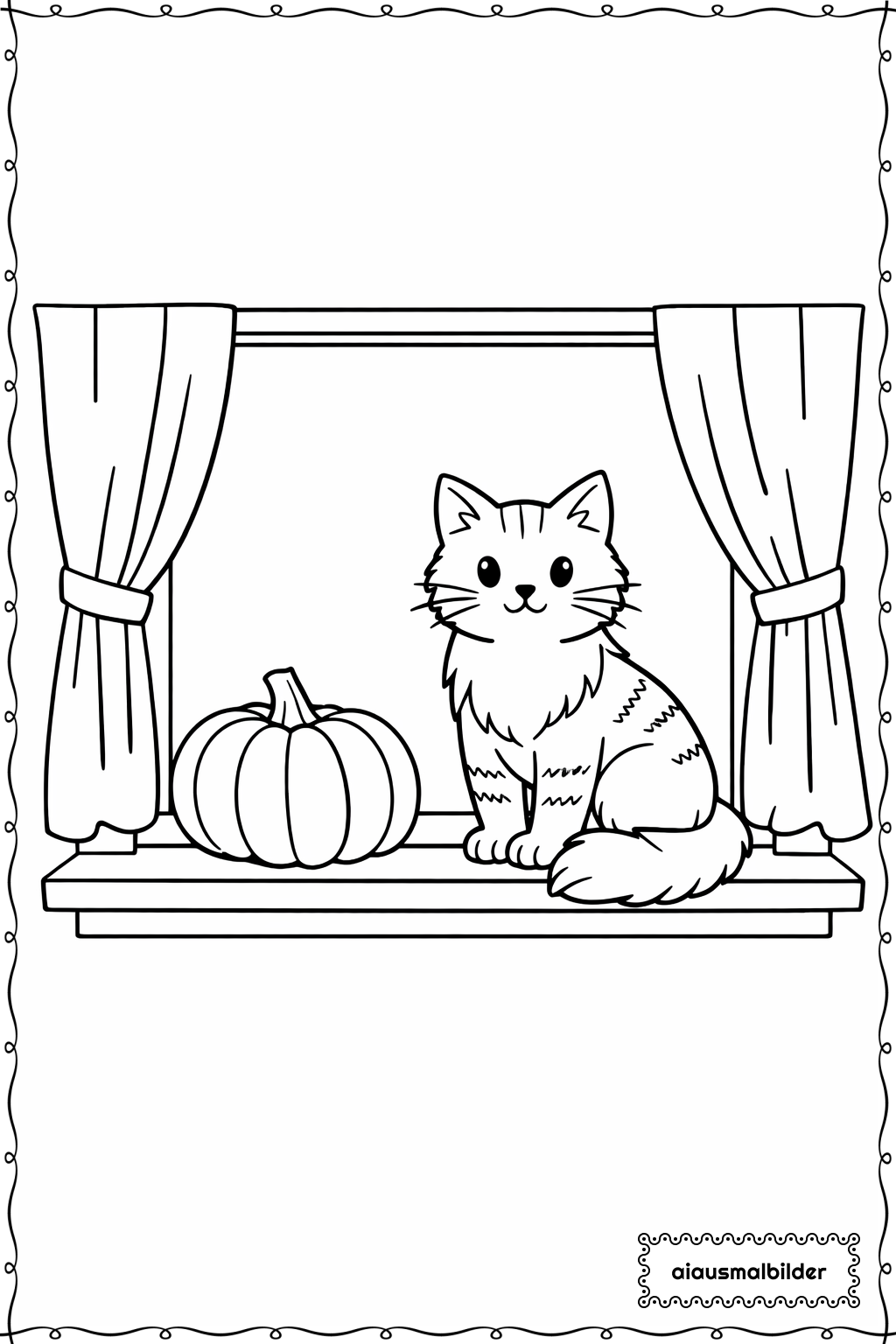 Halloween Katze auf Fensterbank Ausmalseite