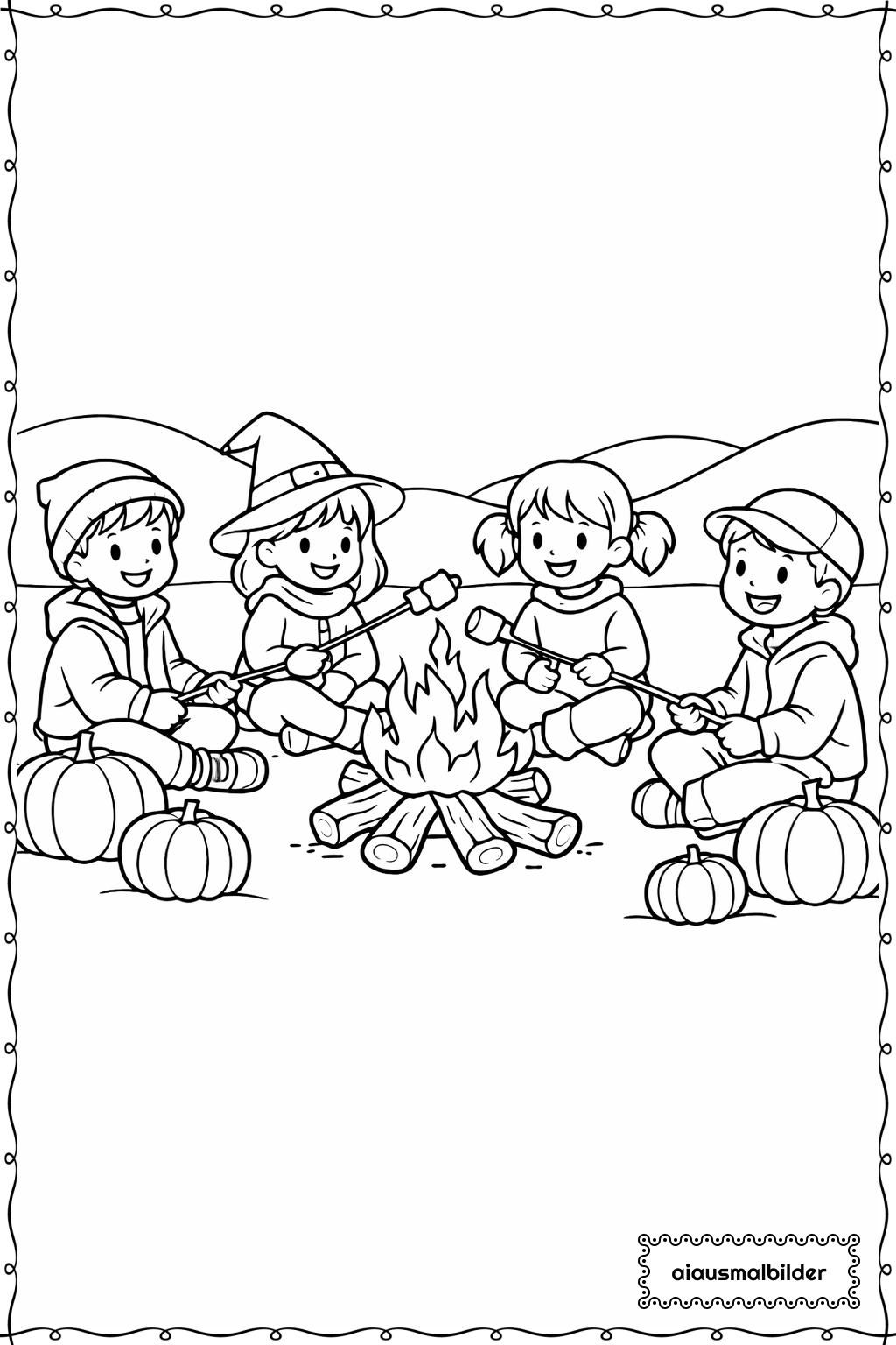  Halloween Kinder am Lagerfeuer Ausmalseite 