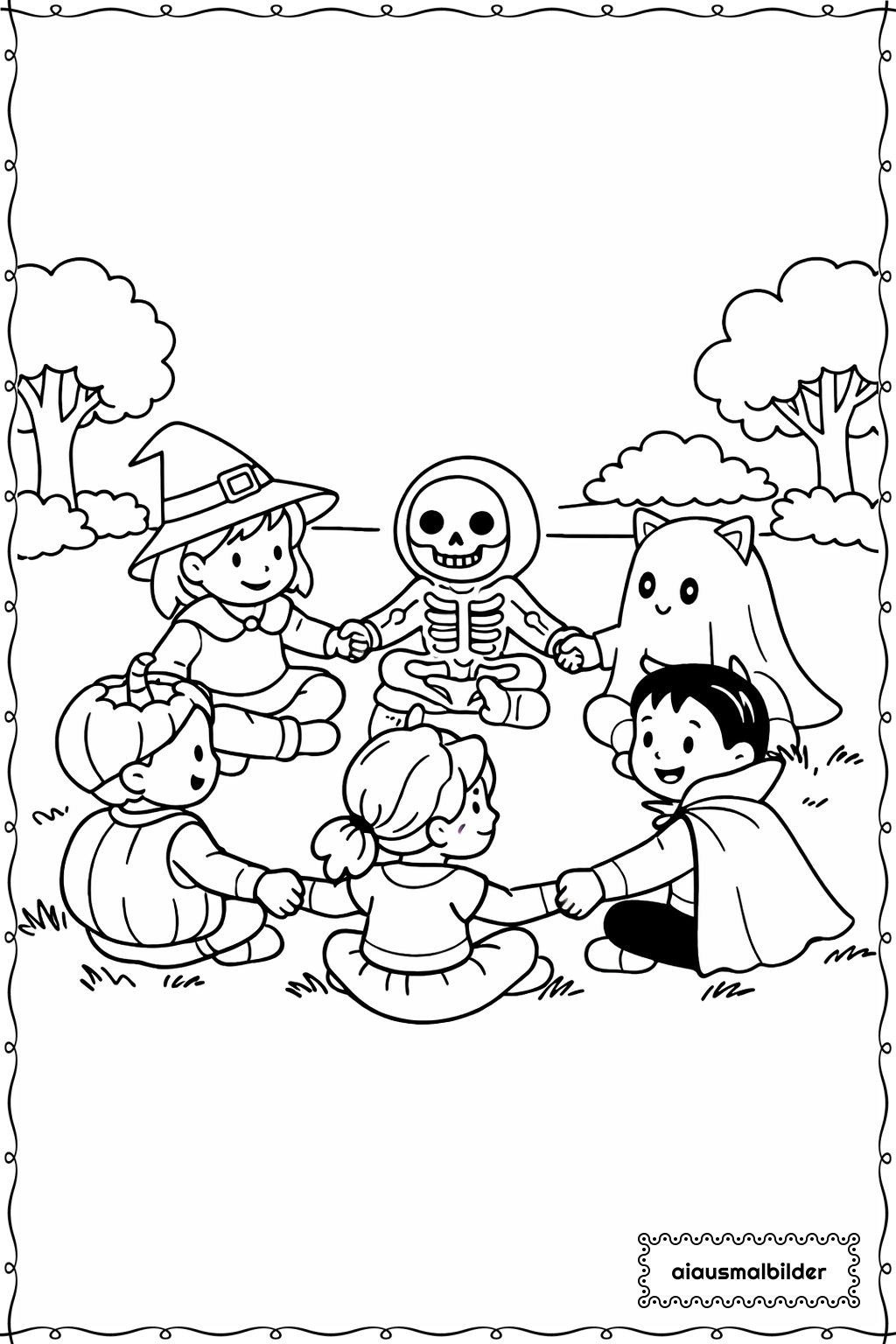  Halloween Kinder im Kostümkreis Ausmalseite 