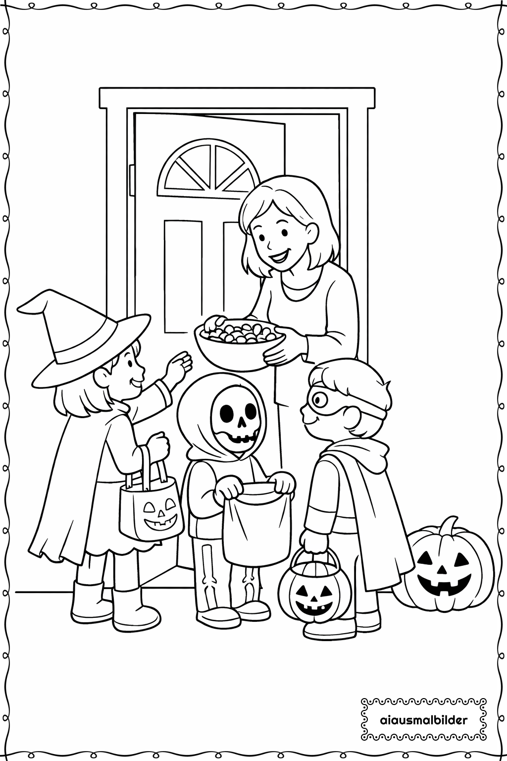  Halloween Kinder sammeln Süßes Ausmalseite 