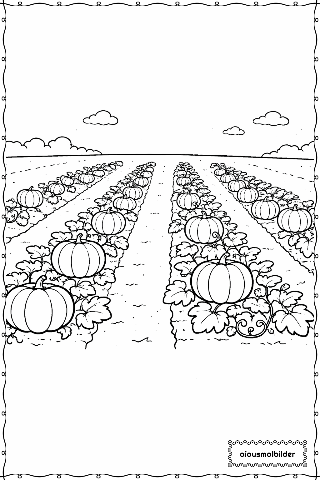  Halloween Kürbisfeld mit Reihen Ausmalseite 