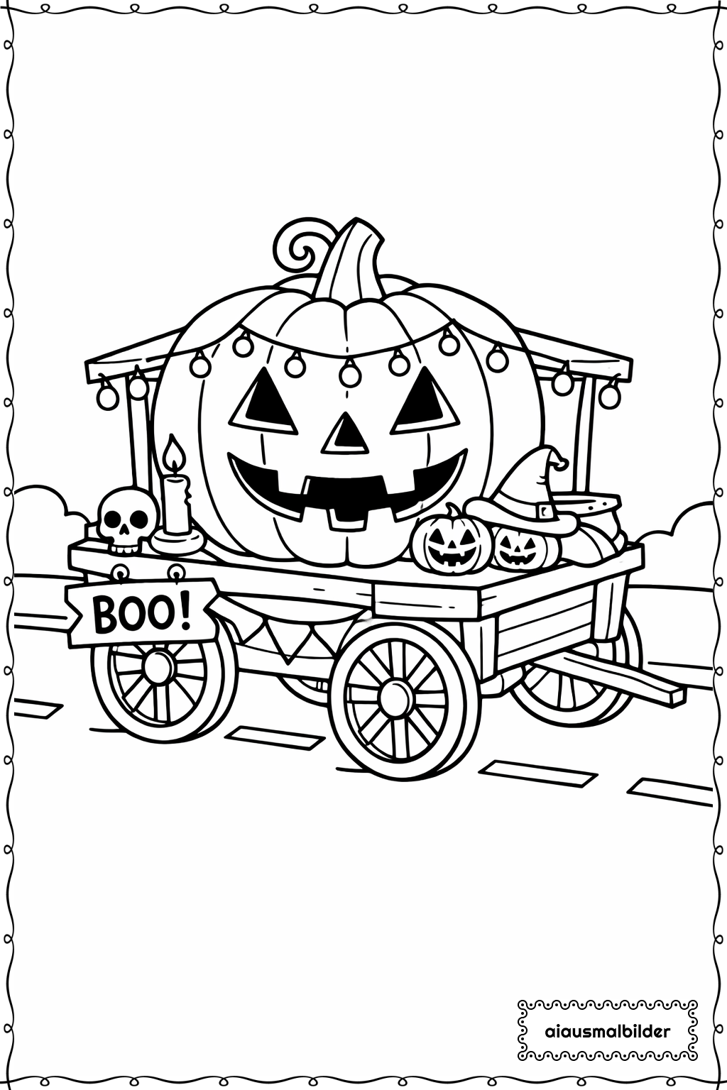  Halloween Kürbiswagen mit Lichtern Ausmalseite 