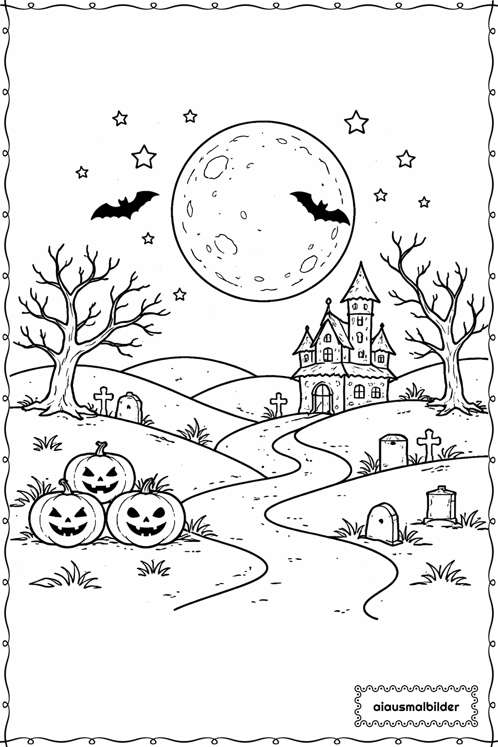  Halloween Mondlandschaft mit Sternen Ausmalseite 