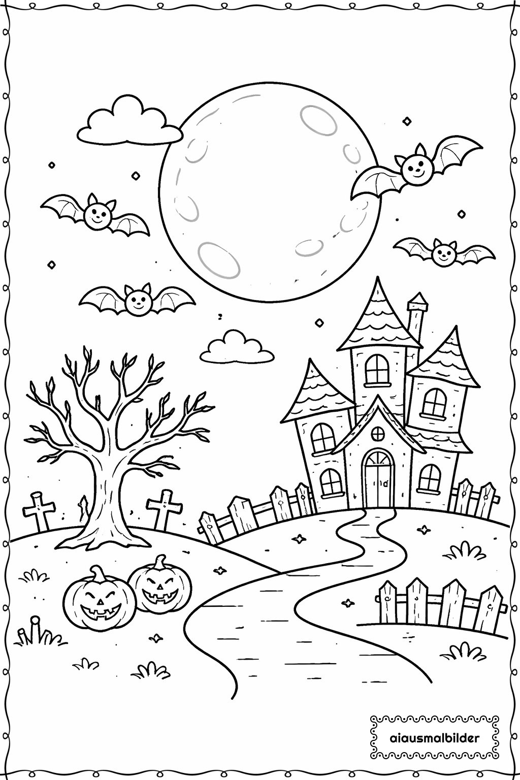 Halloween Nacht mit Vollmond Ausmalseite