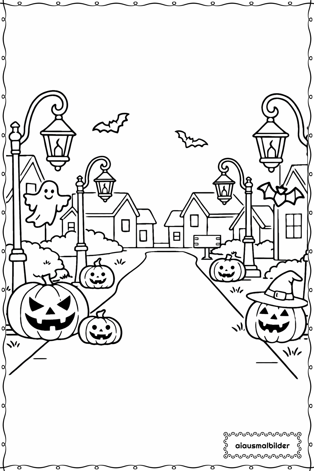  Halloween Straße mit Laternen Ausmalseite 