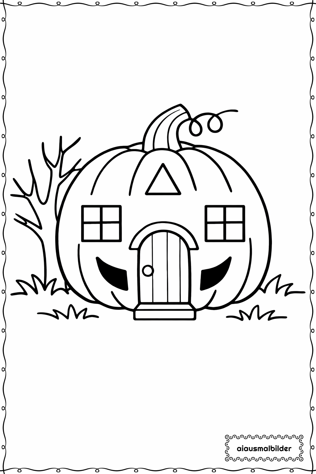  Halloween Verziertes Kürbishaus Ausmalseite 
