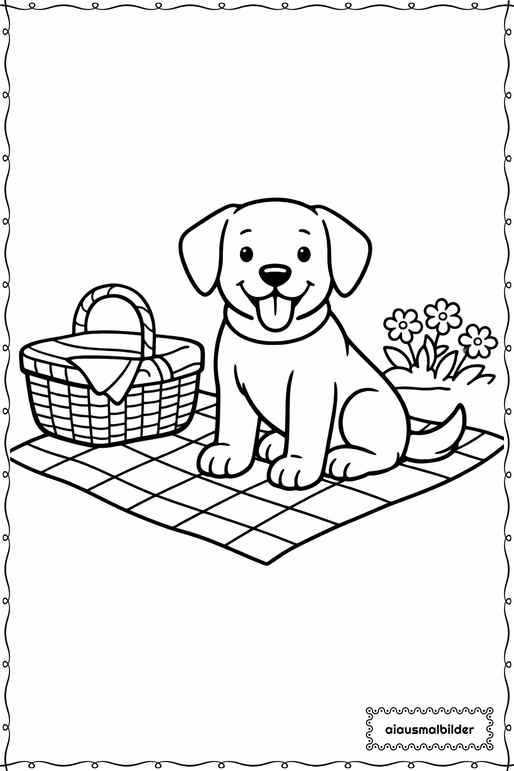  Hund auf Picknickdecke Ausmalseite 