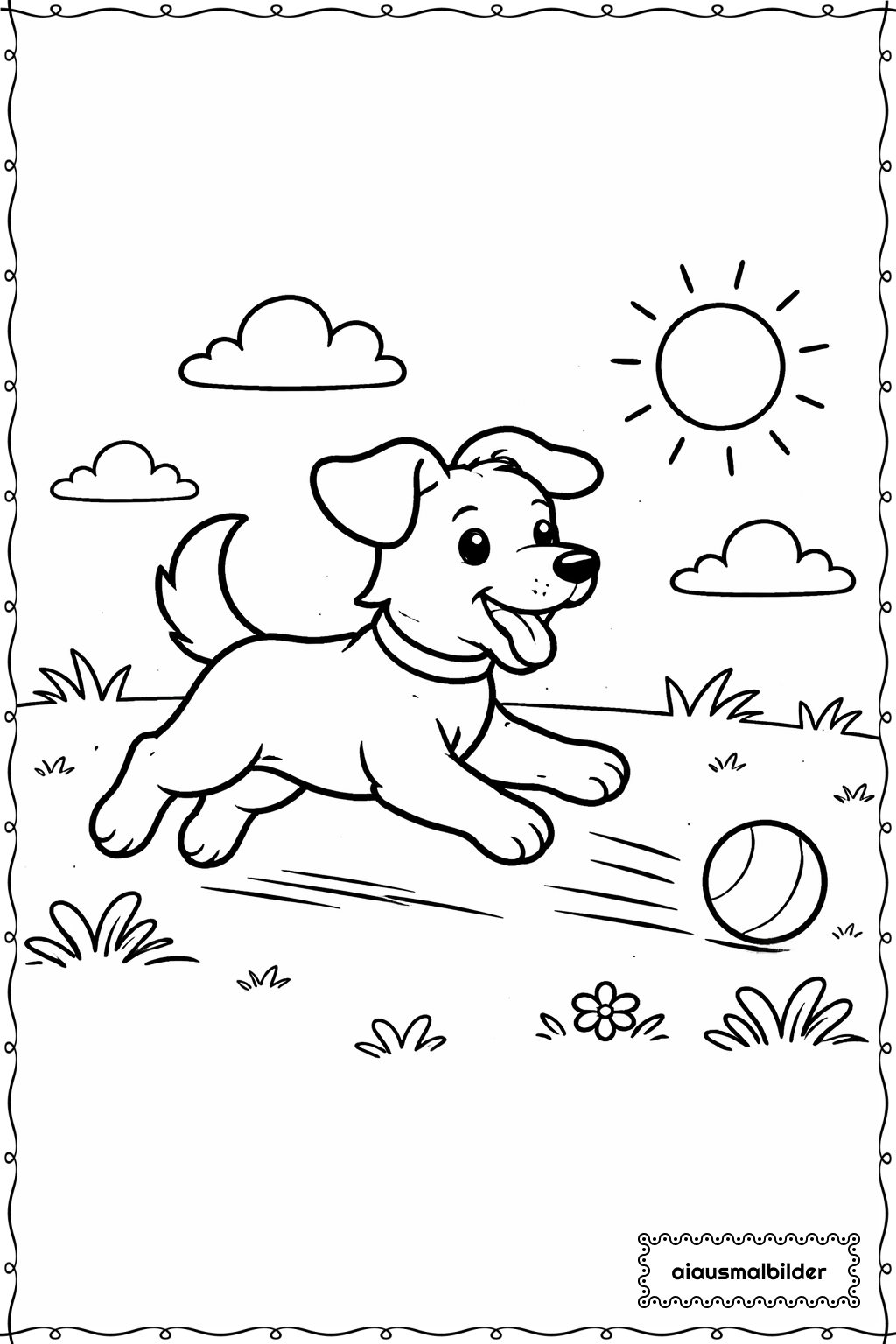  Hund beim Ballspiel Ausmalseite 