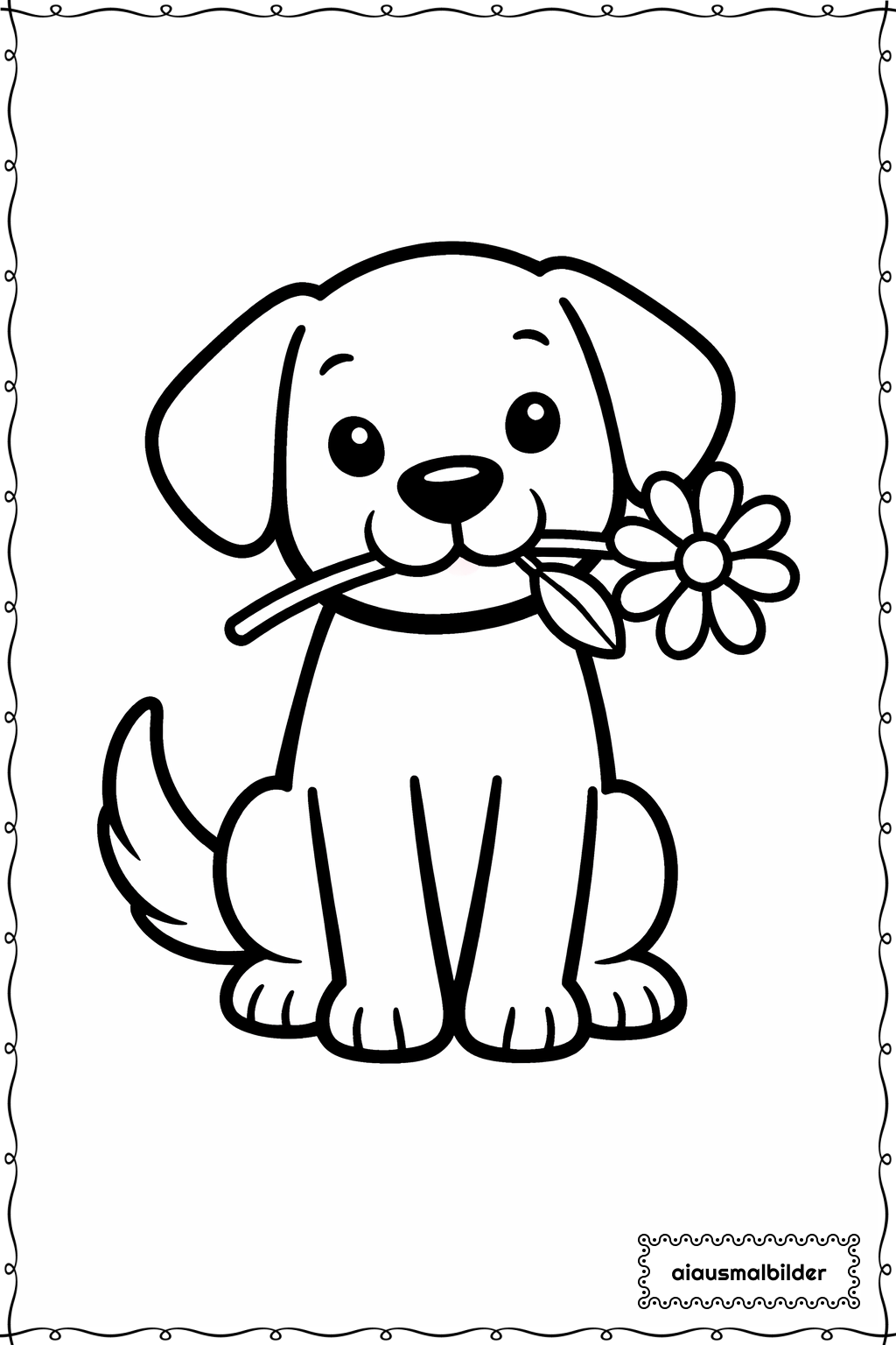  Hund mit Blume Ausmalseite 