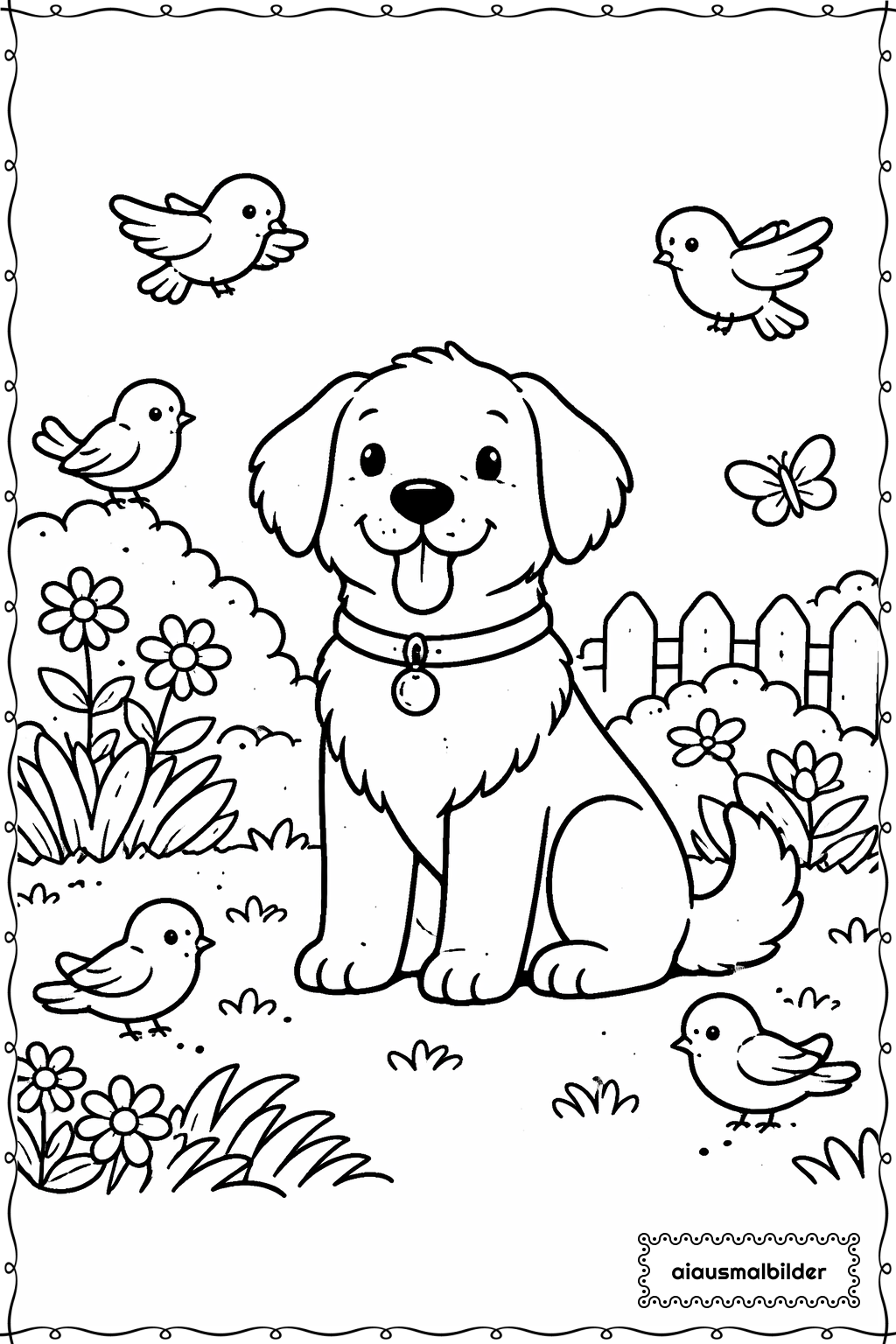  Hund mit Vogelfreunden Ausmalseite 
