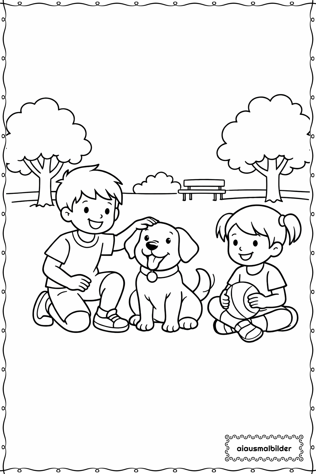  Hund und Kinder Ausmalseite 