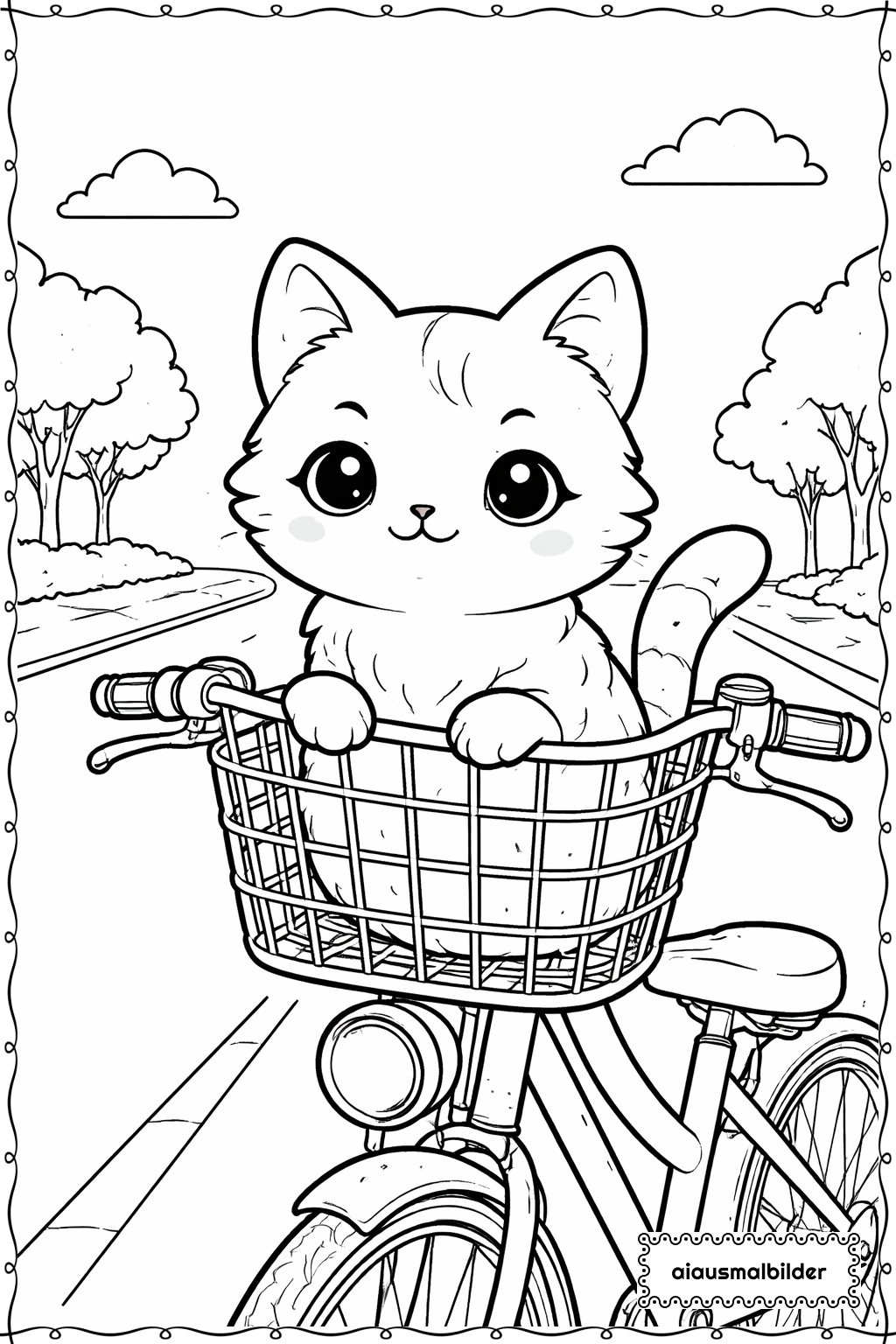  Katze auf Fahrradkorb Ausmalseite 