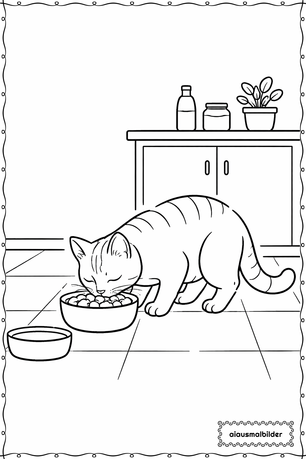  Katze beim Fressen im Napf Ausmalseite 