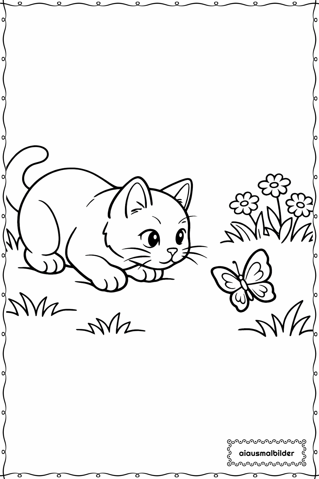  Katze fängt Schmetterling Ausmalseite 