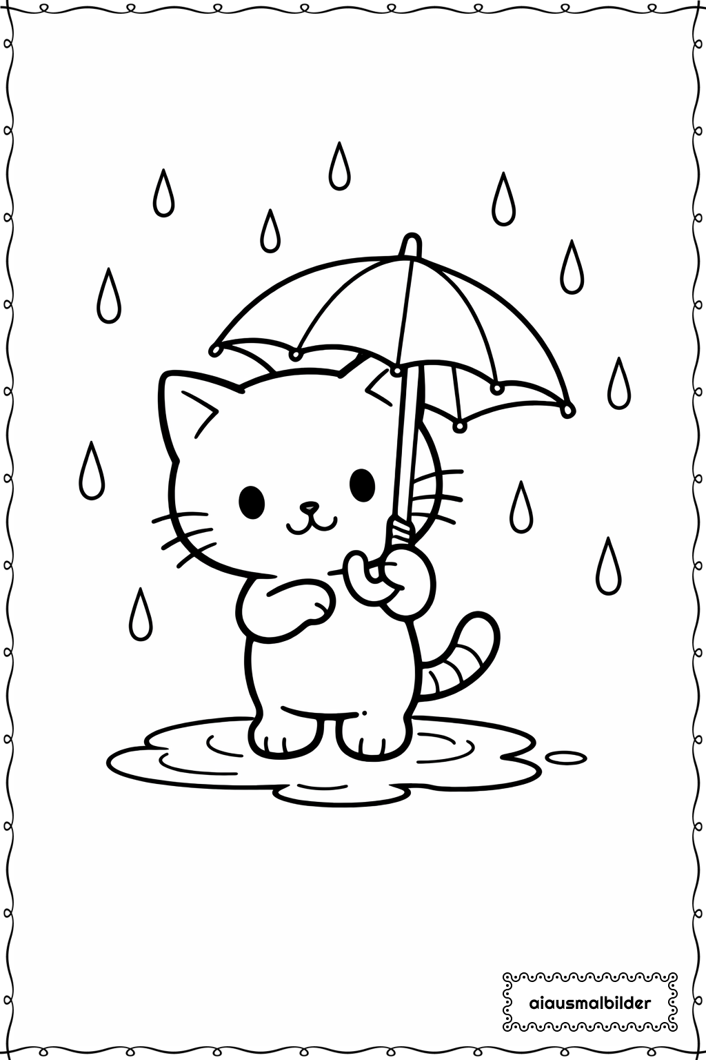  Katze im Regen mit Schirm Ausmalseite 