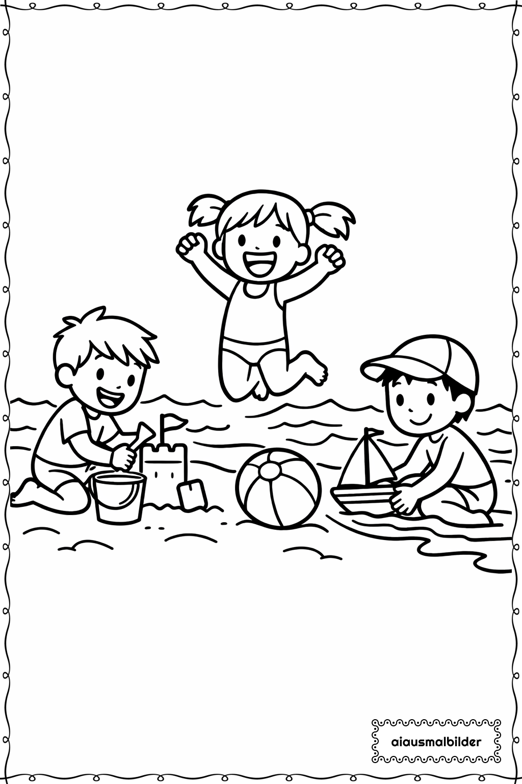 Kinder am Strand Ausmalseite 