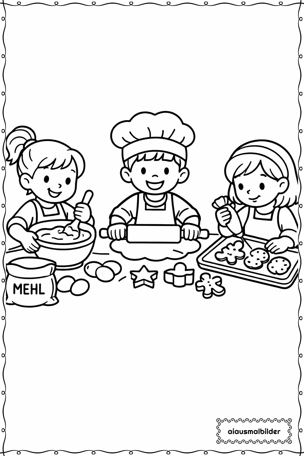  Kinder beim Backen Ausmalseite 