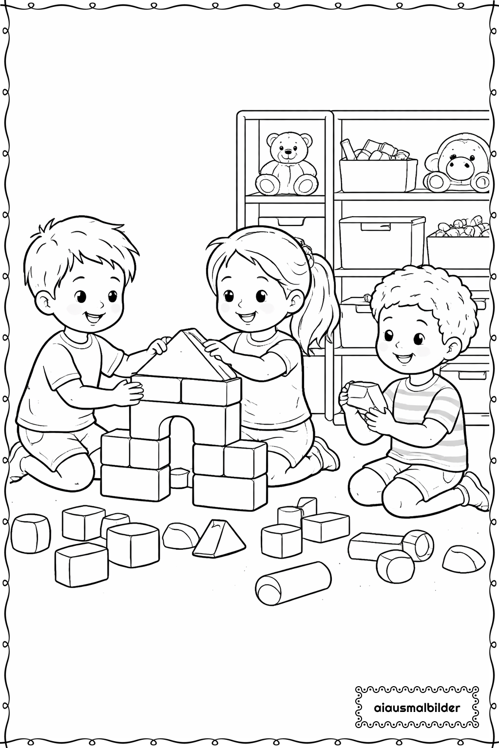  Kinder beim Bauen Ausmalseite 