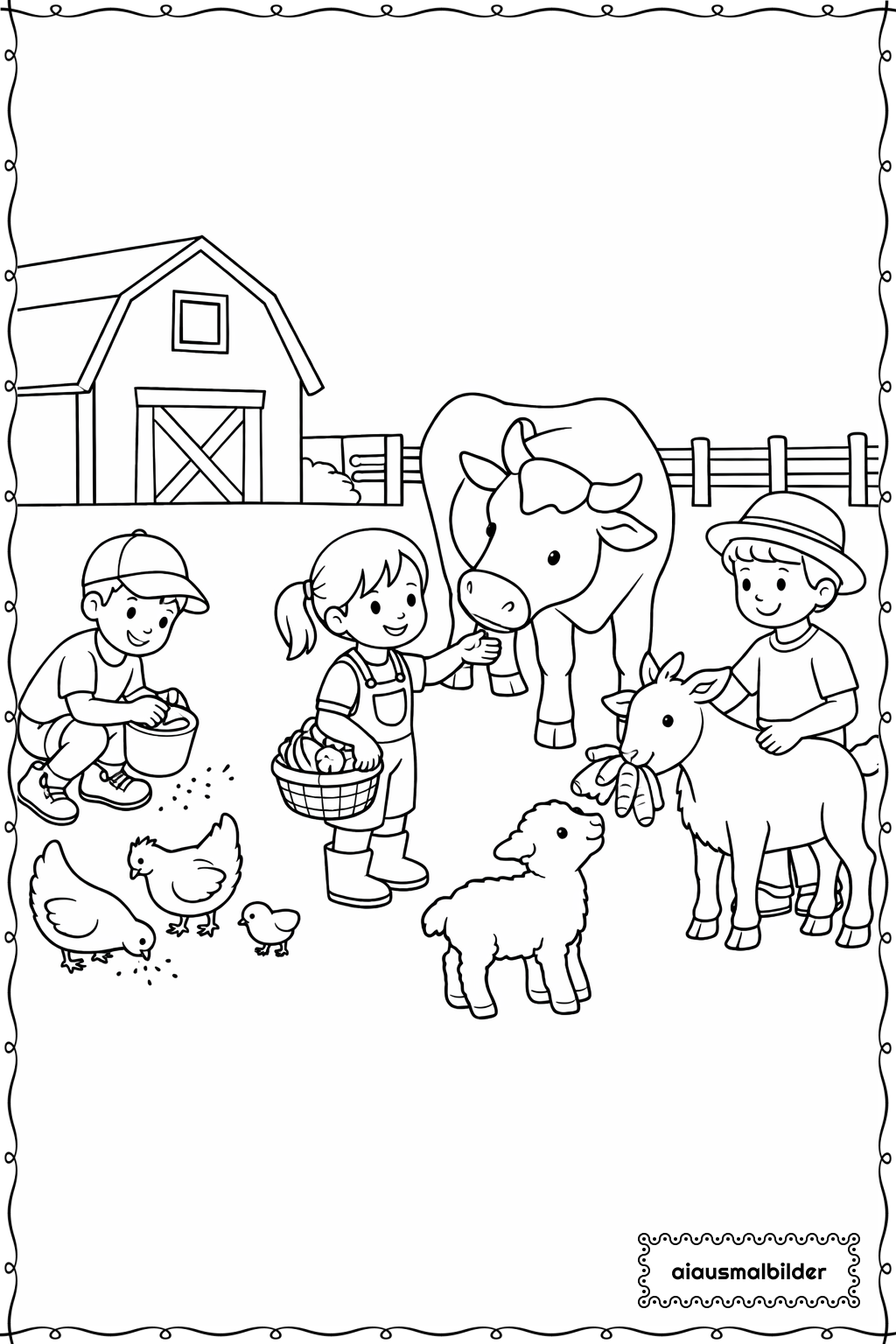  Kinder beim Bauernhof Ausmalseite 