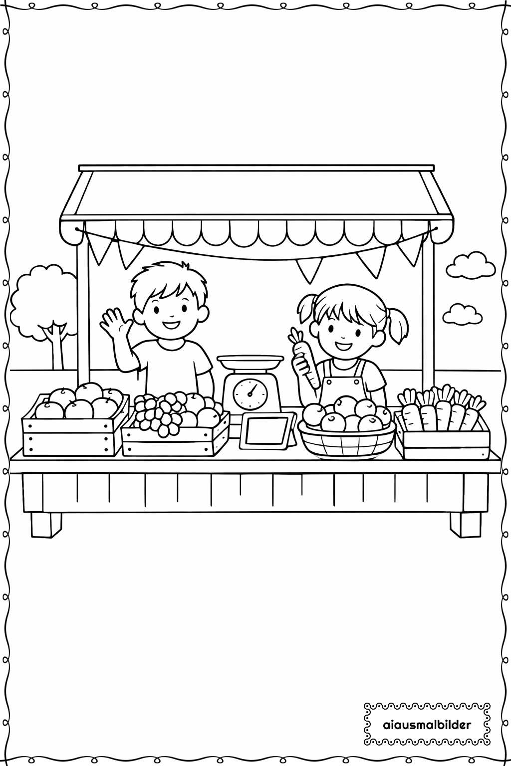  Kinder beim Bauernmarkt Ausmalseite 