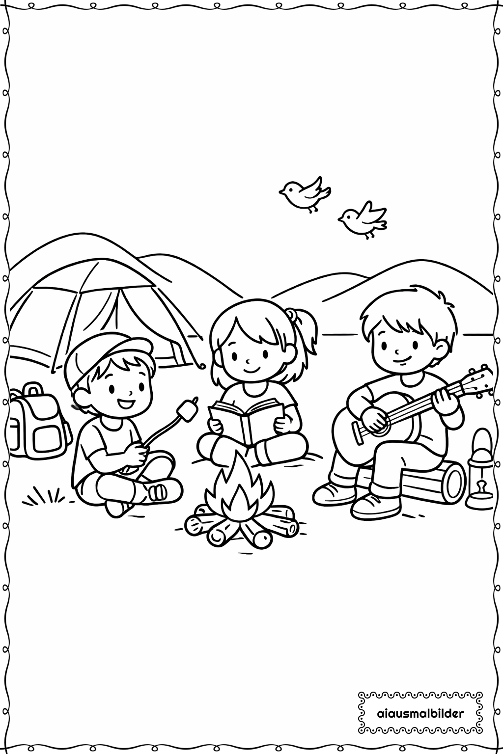  Kinder beim Camping Ausmalseite 