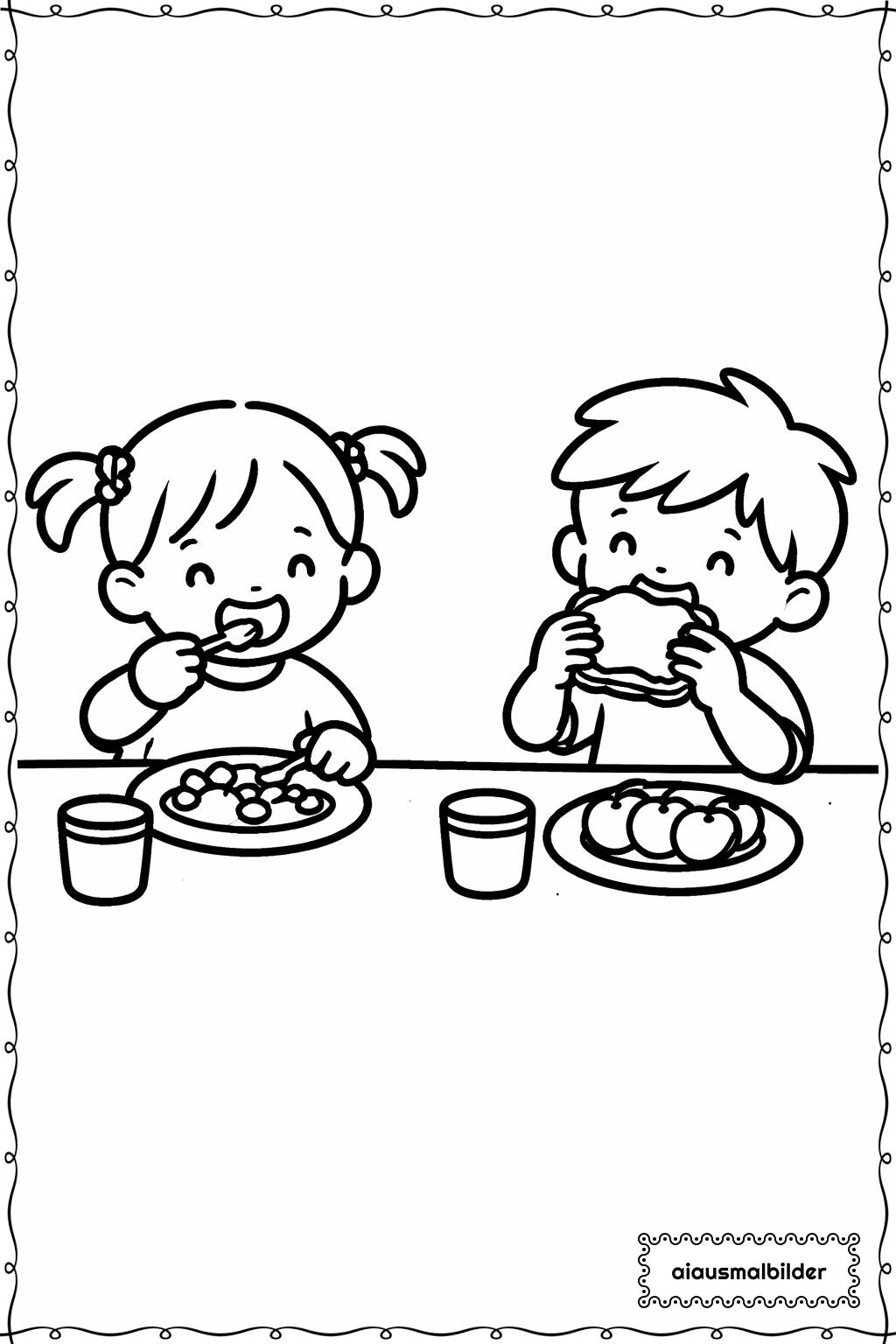  Kinder beim Essen Ausmalseite 