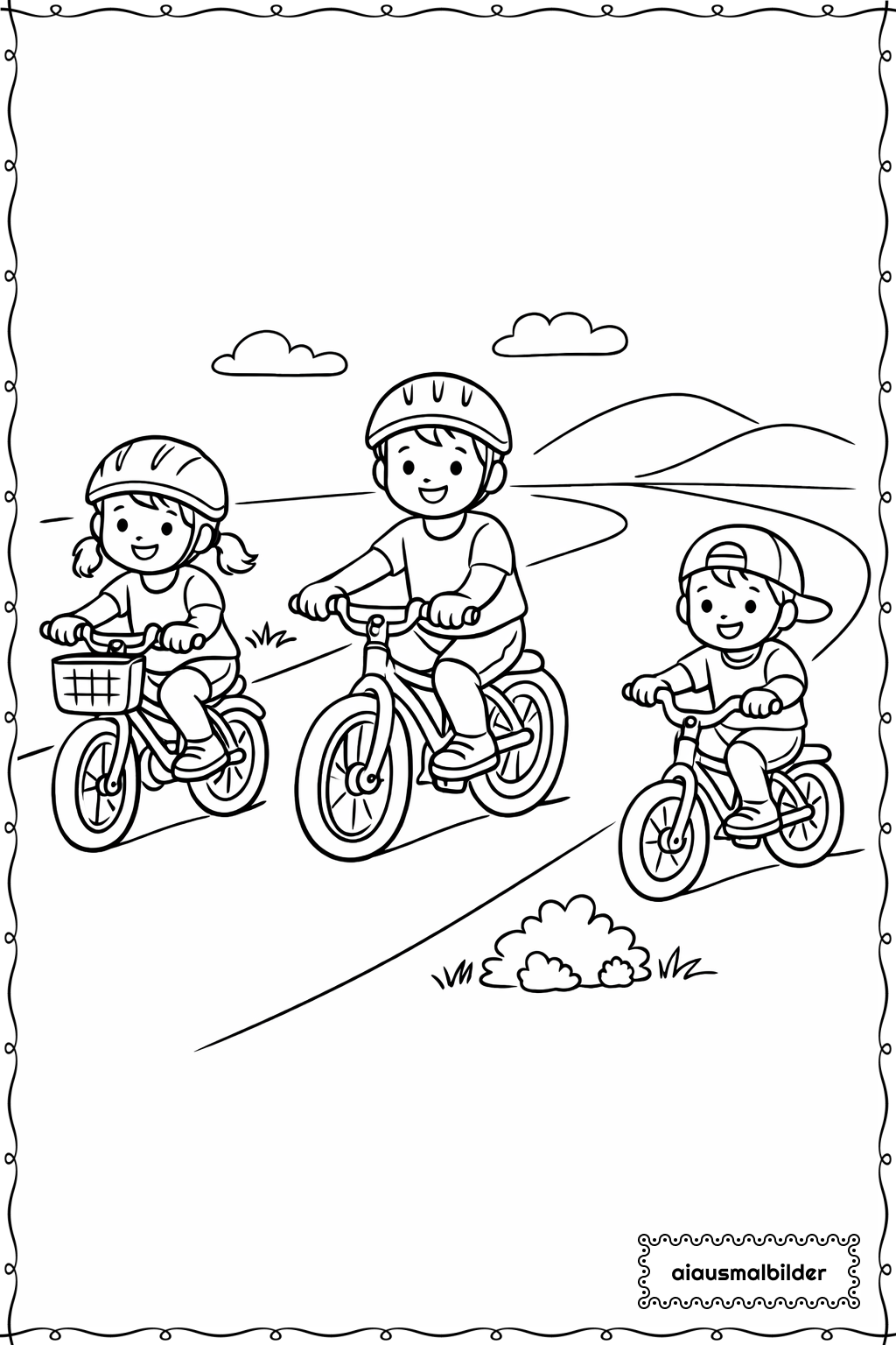  Kinder beim Fahrradfahren Ausmalseite 