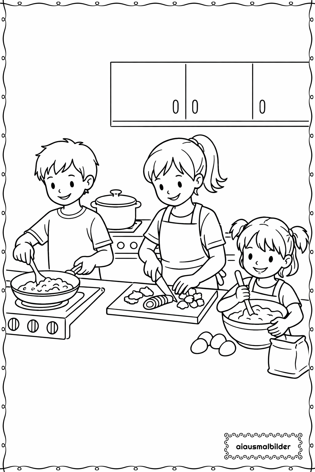  Kinder beim Kochen Ausmalseite 