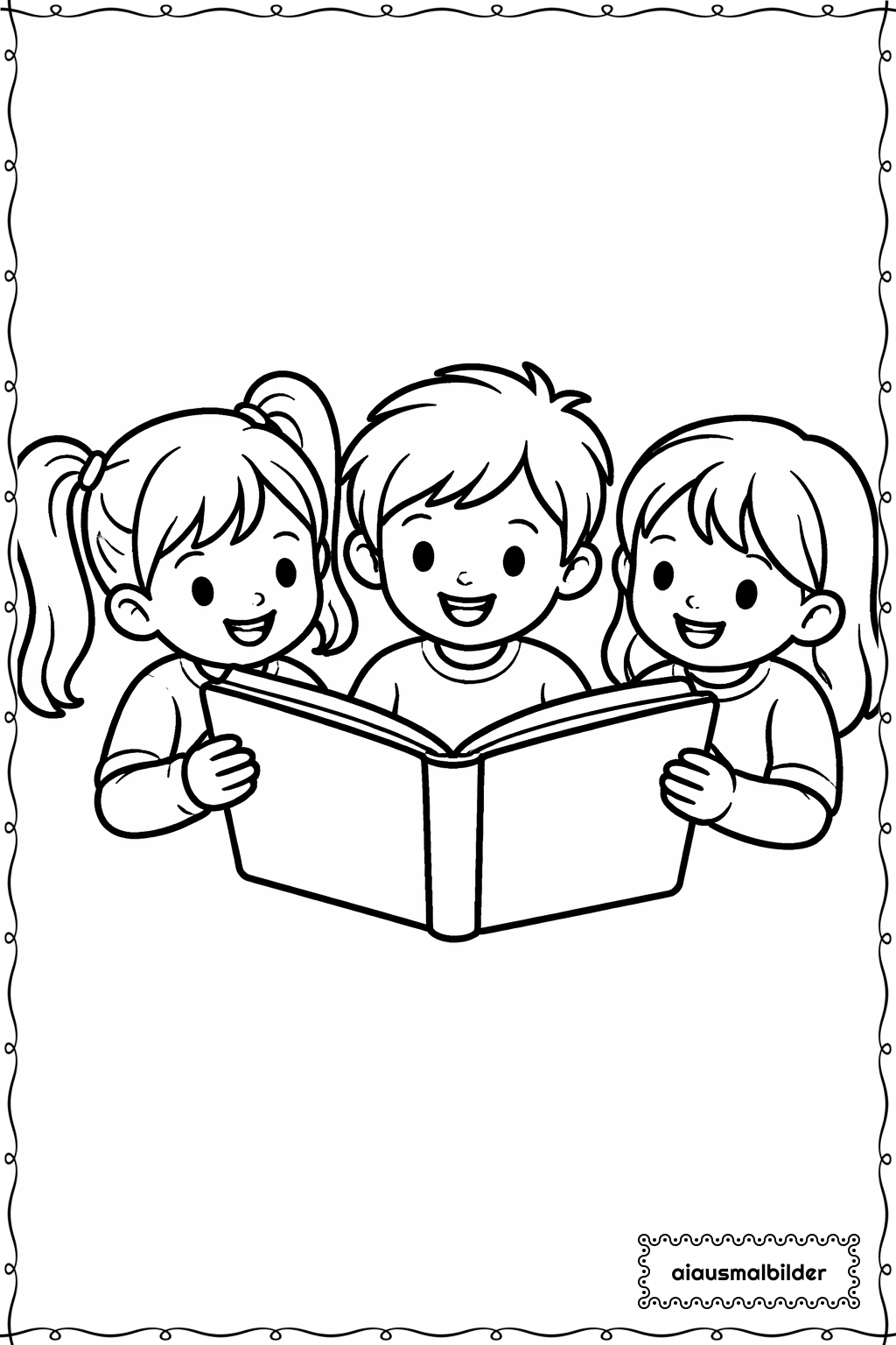  Kinder beim Lesen Ausmalseite 