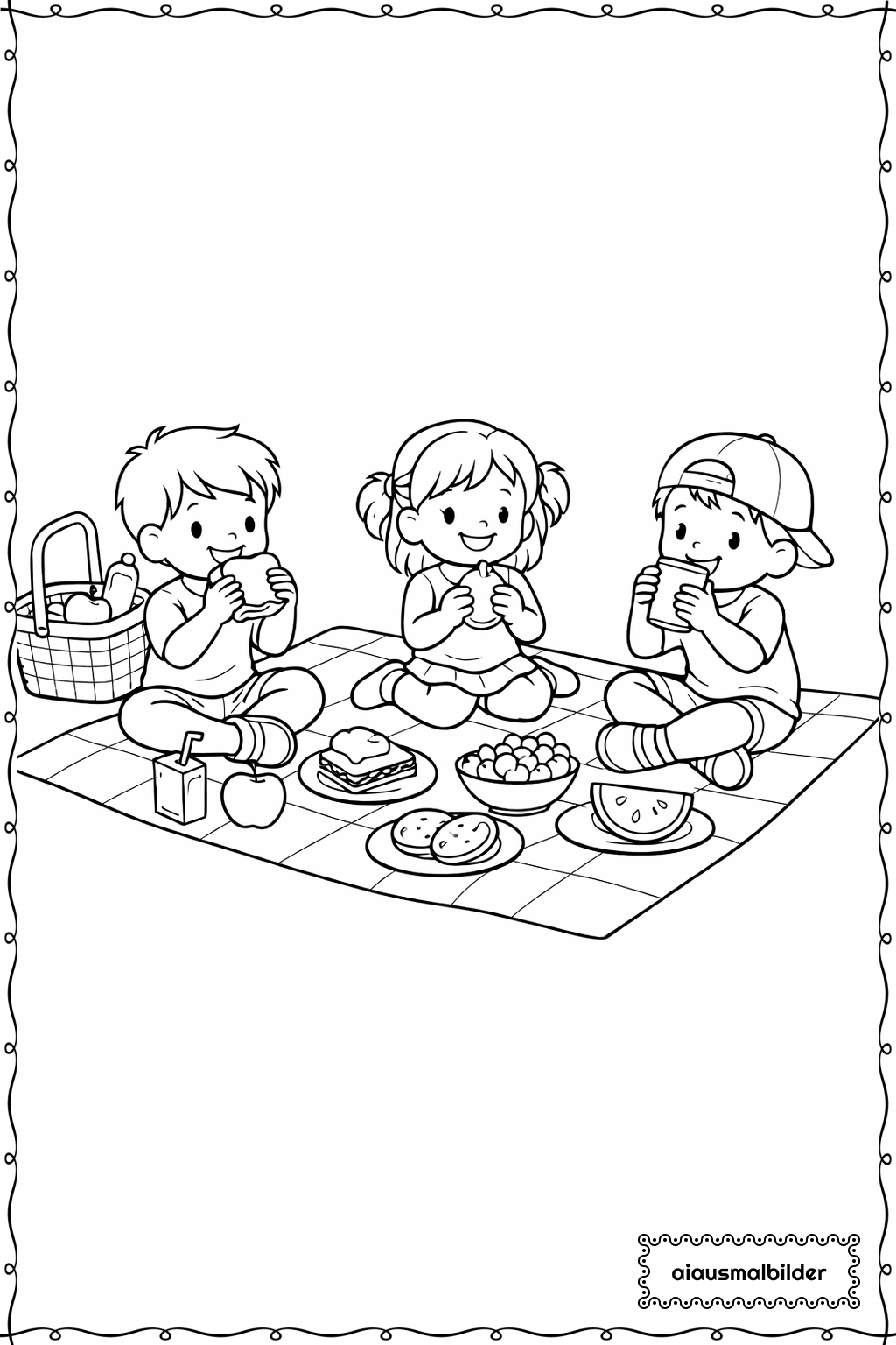  Kinder beim Picknick Ausmalseite 