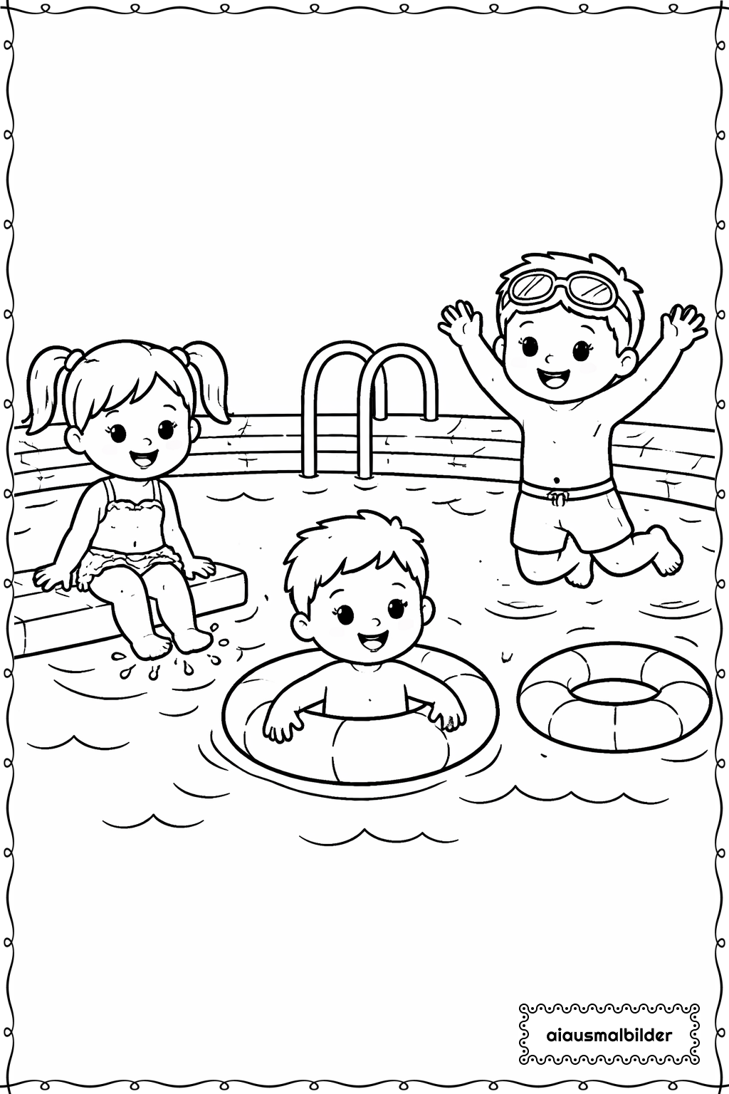  Kinder beim Pool Ausmalseite 