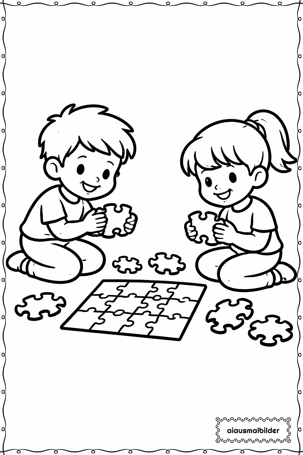  Kinder beim Puzzeln Ausmalseite 