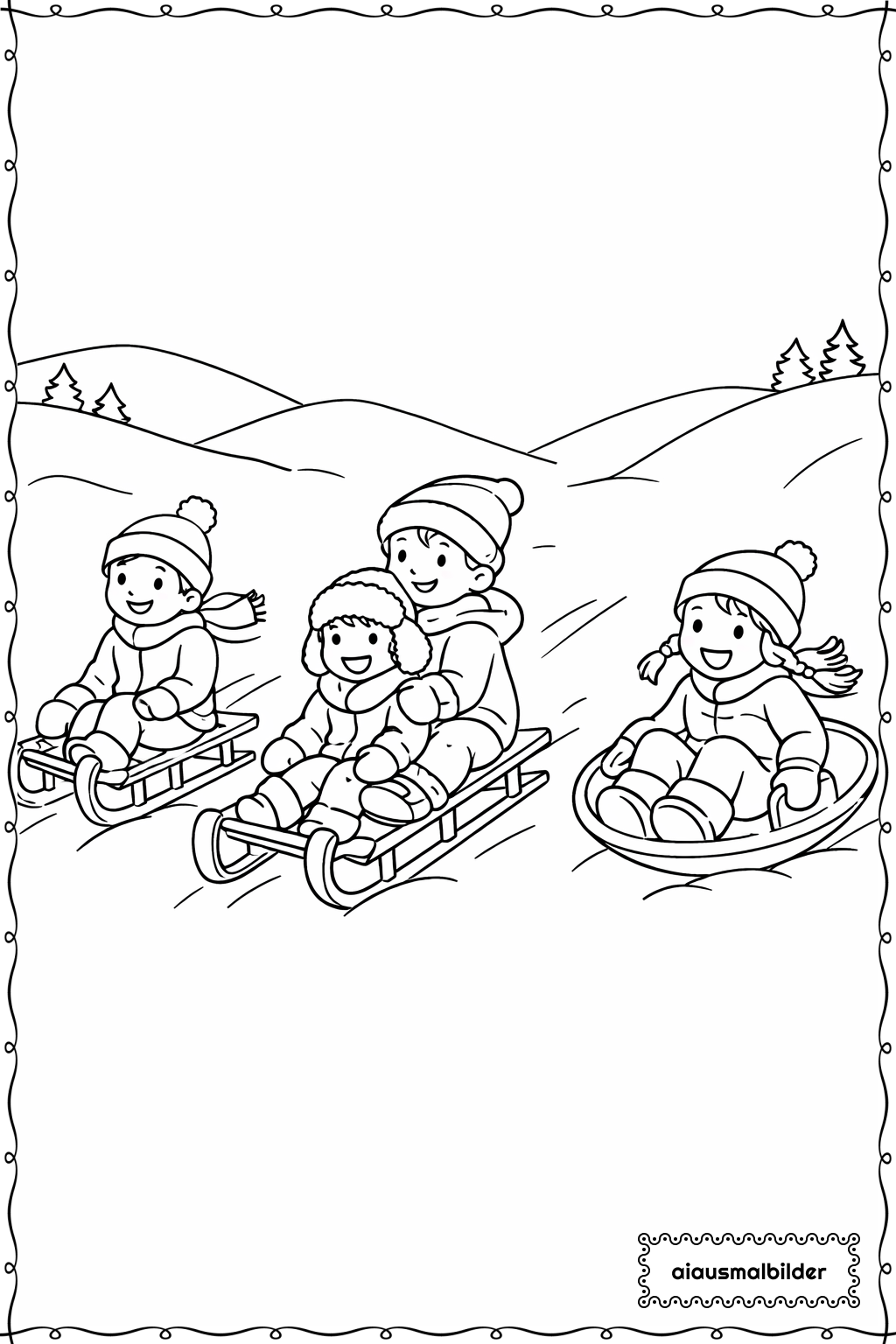  Kinder beim Schlittenfahren Ausmalseite 