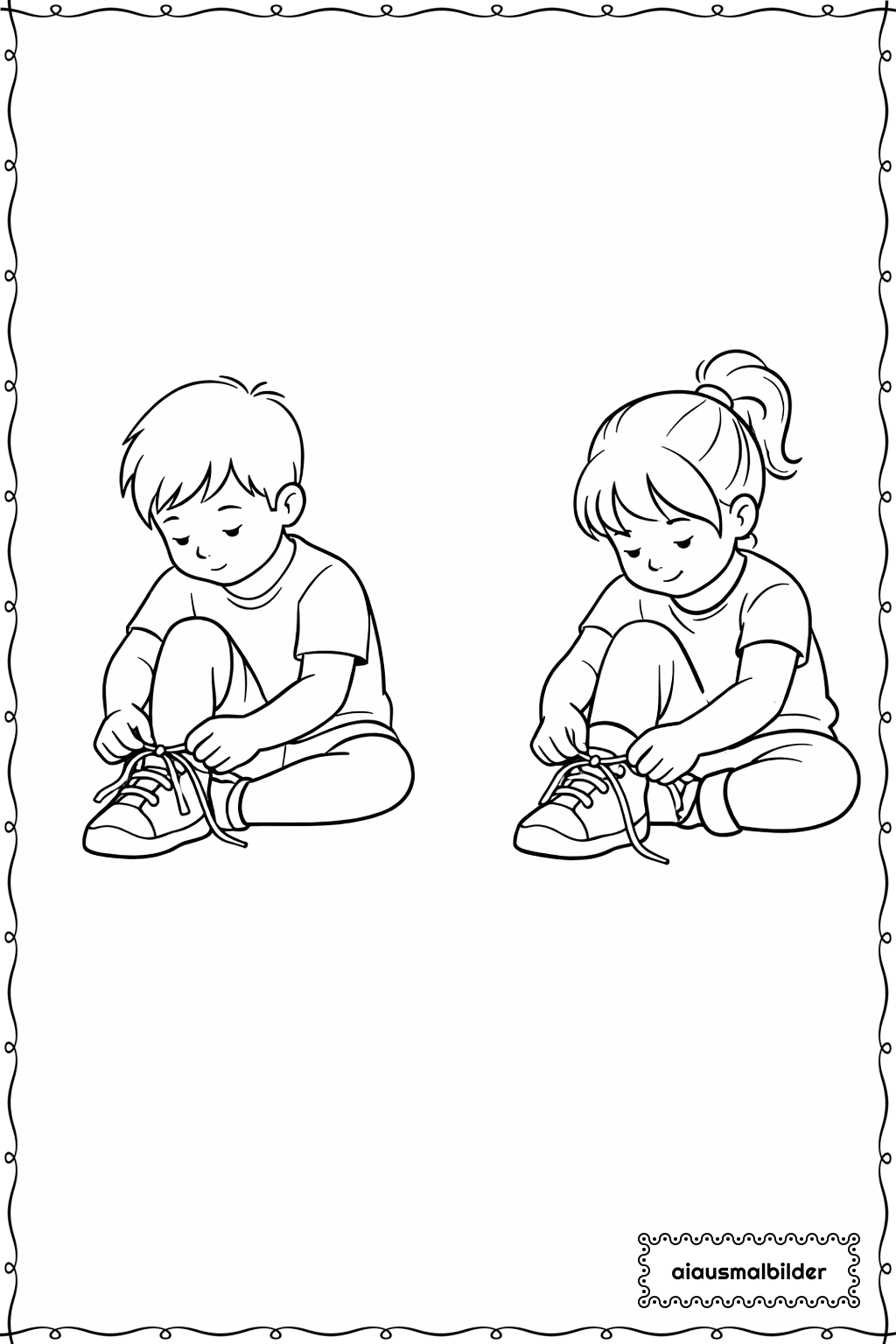 Kinder beim Schuhbinden Ausmalseite