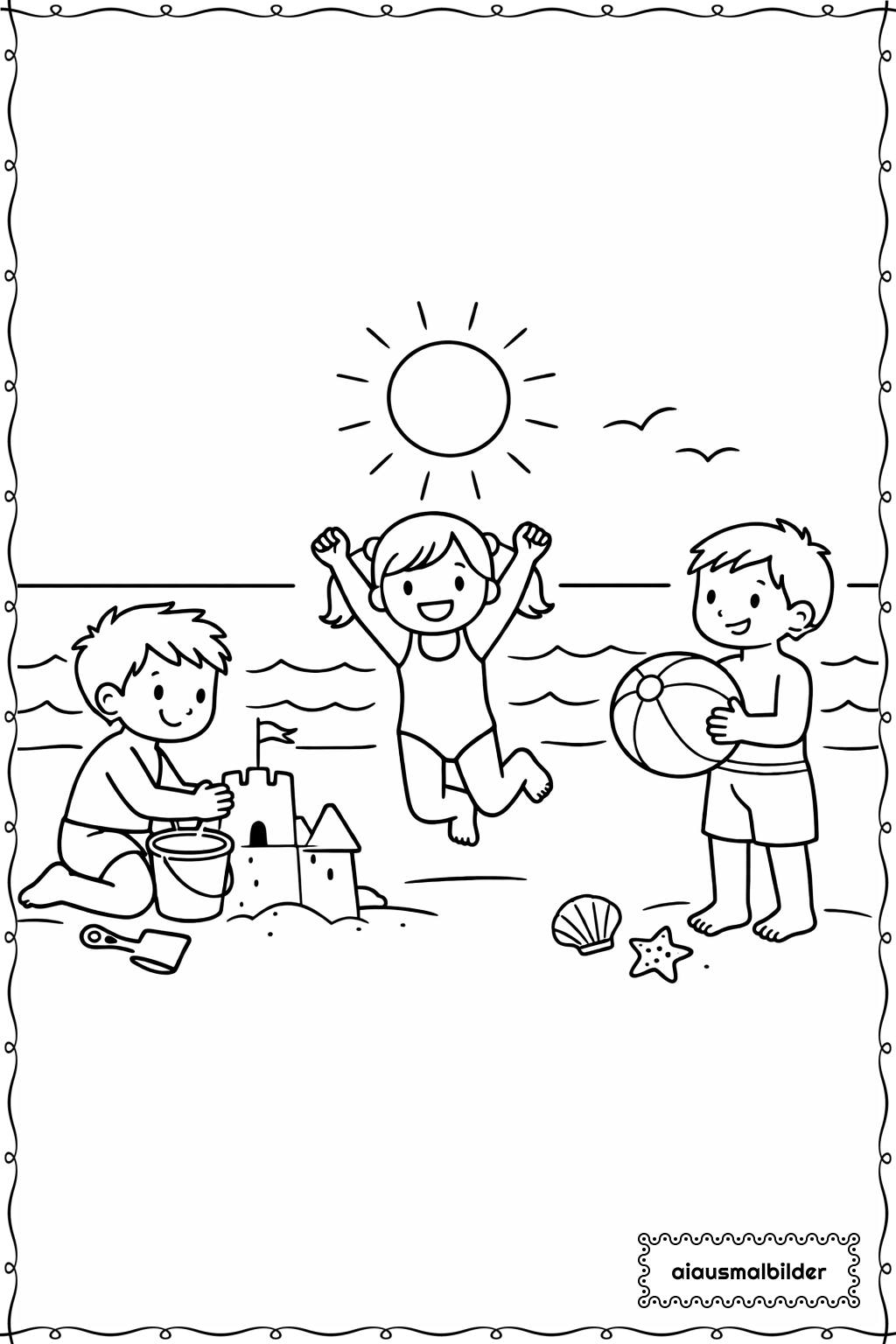  Kinder beim Strand Ausmalseite 