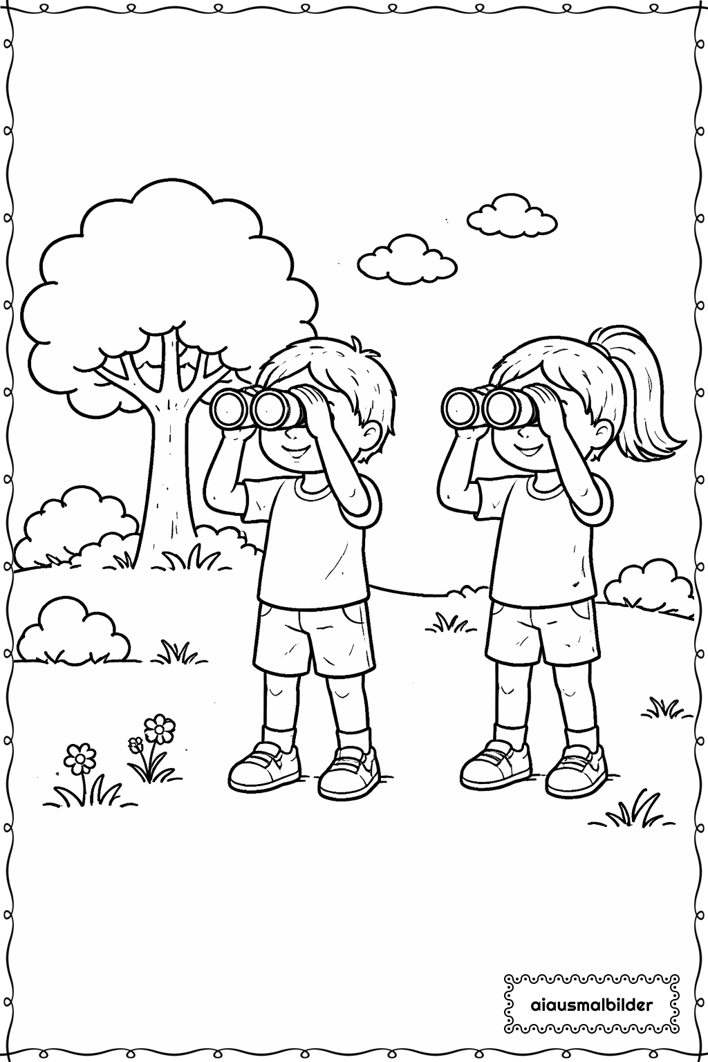  Kinder beim Vogelbeobachten Ausmalseite 