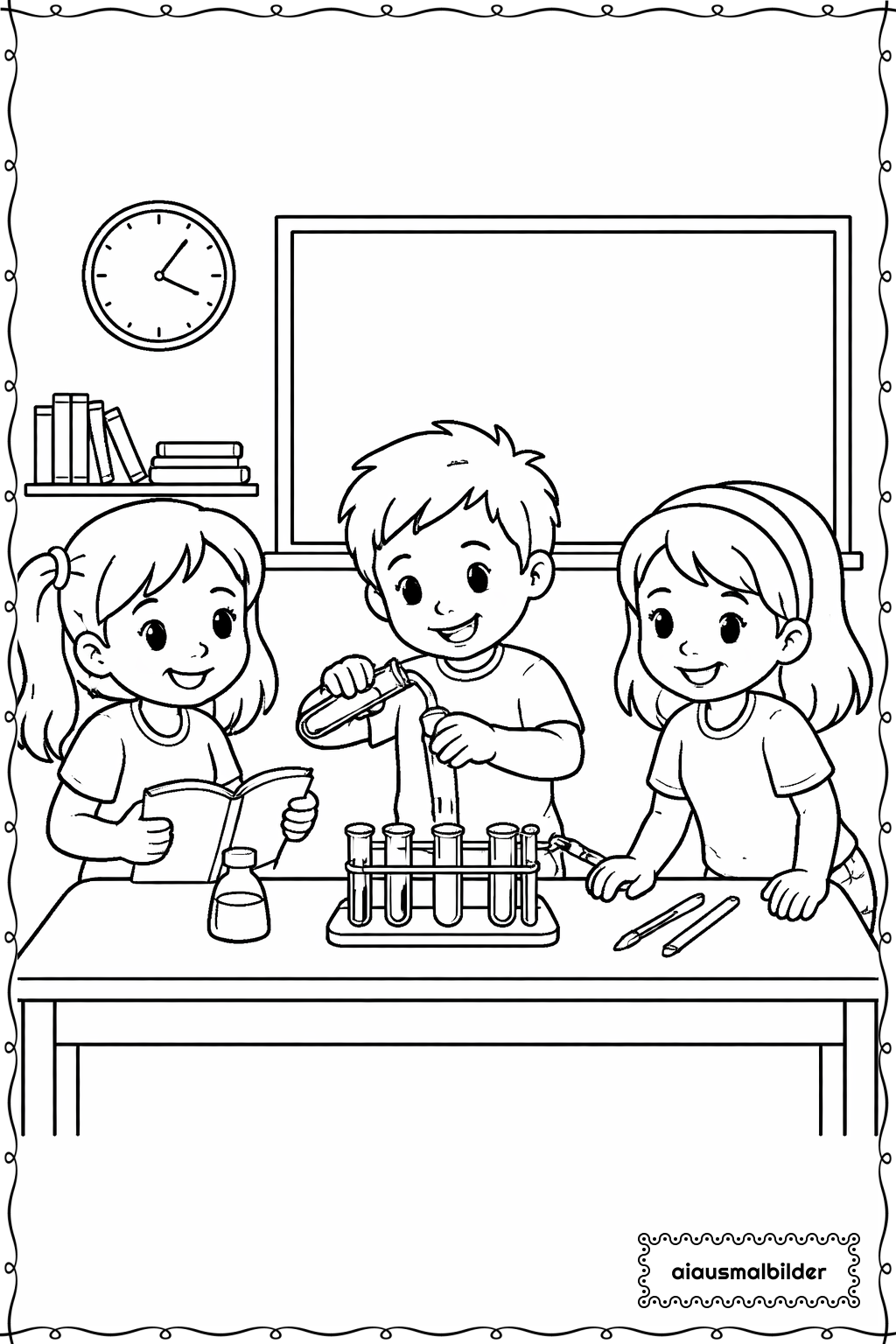 Kinder beim Wissenschaftsexperiment Ausmalseite