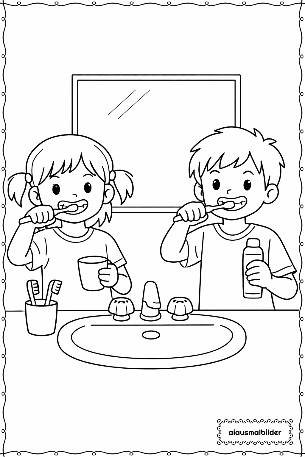 Kinder beim Zähneputzen Ausmalseite 